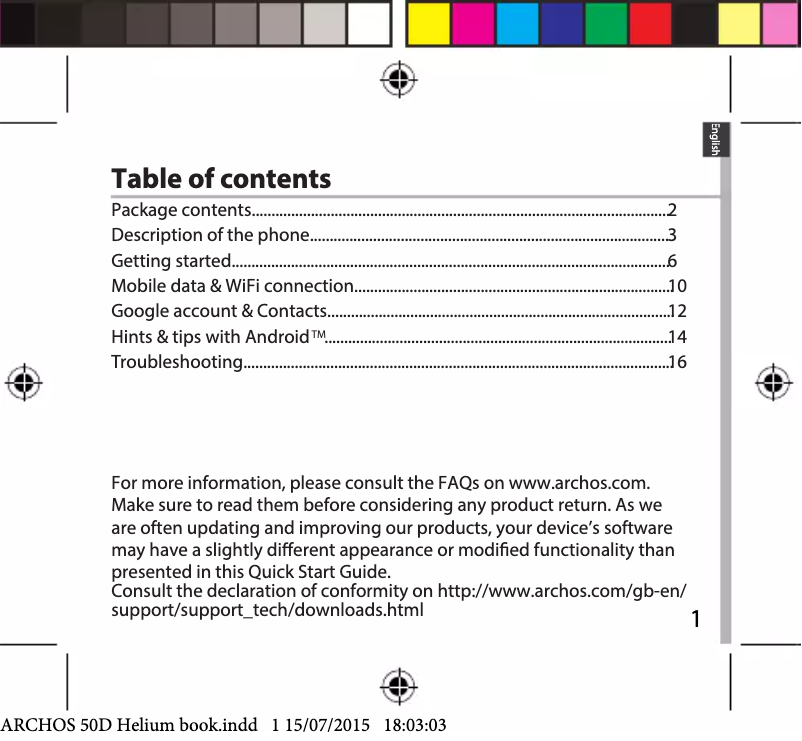 Page 1 de la notice Manuel utilisateur Archos Helium 4G 50D
