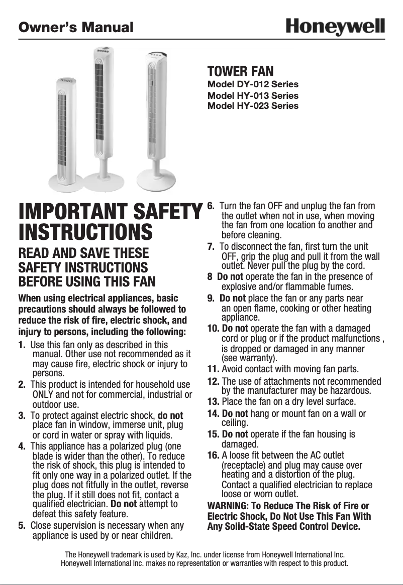 Page 1 de la notice Manuel utilisateur Honeywell HY-025 Comfort Control