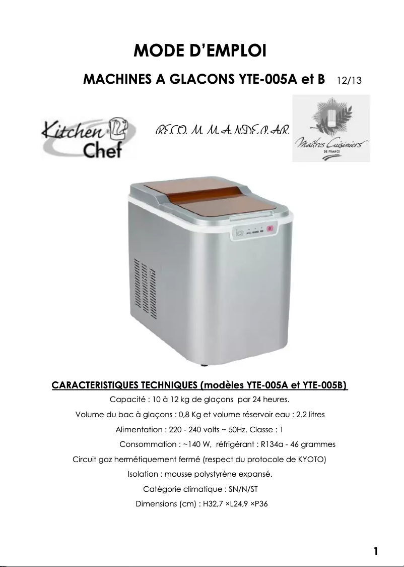 Page 1 de la notice Manuel utilisateur Kitchen Chef YTE-005A