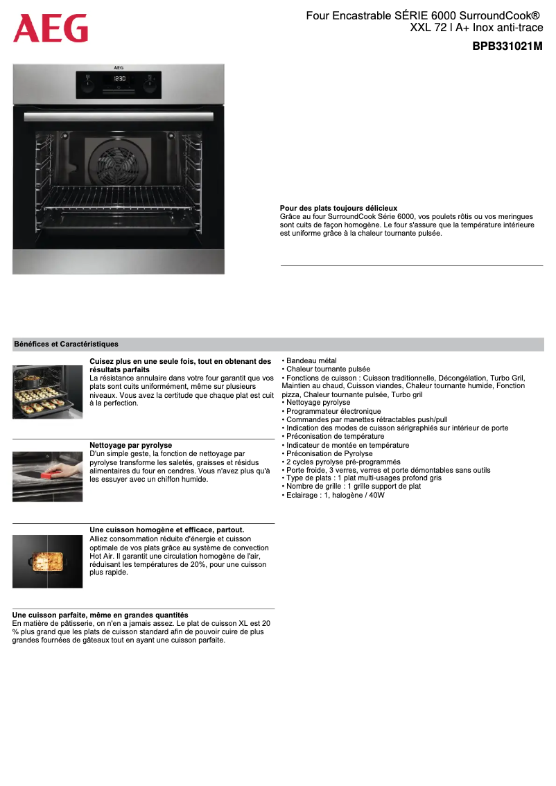 Page 1 de la notice Fiche technique AEG BPB331021M