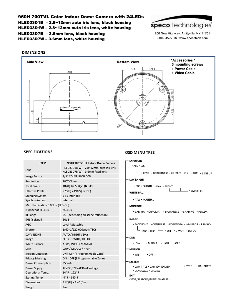 Page 1 de la notice Manuel utilisateur Speco Technologies HLED33D1B