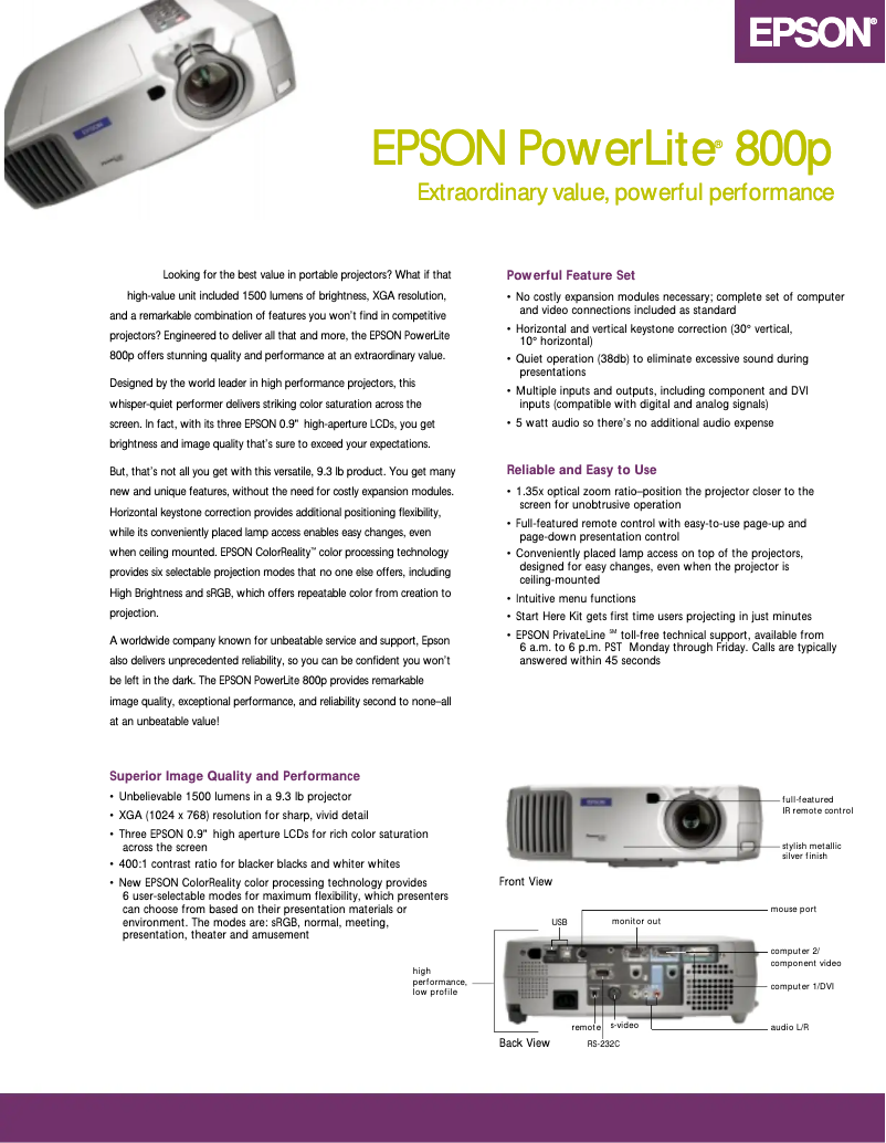 Page 1 de la notice Brochure Epson PowerLite 800p