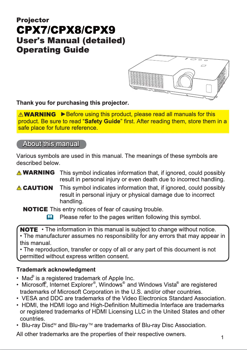 Page 1 de la notice Manuel utilisateur Hitachi CPX7