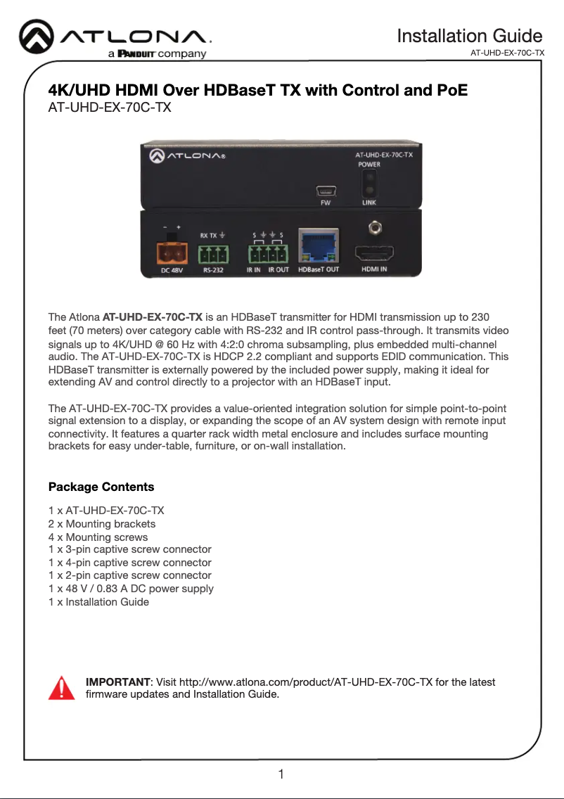 Page 1 de la notice Manuel utilisateur Atlona AT-UHD-EX-70C-TX