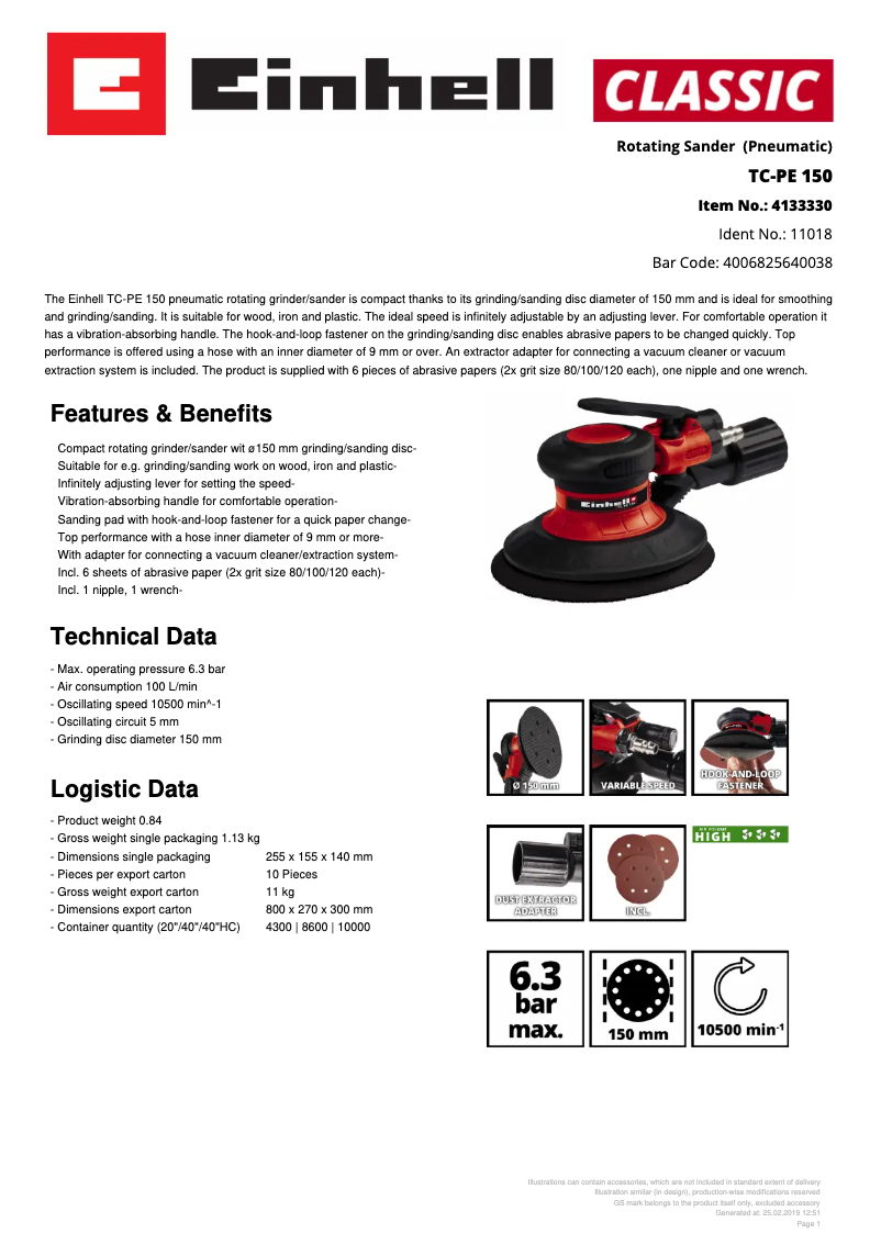Page 1 de la notice Fiche technique Einhell TC-PE 150