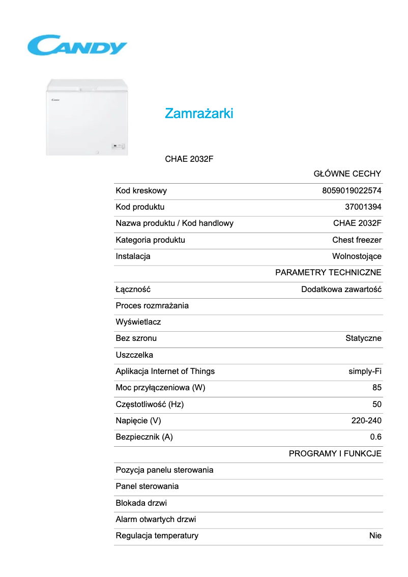 Page 1 de la notice Fiche technique Candy CHAE 2032F
