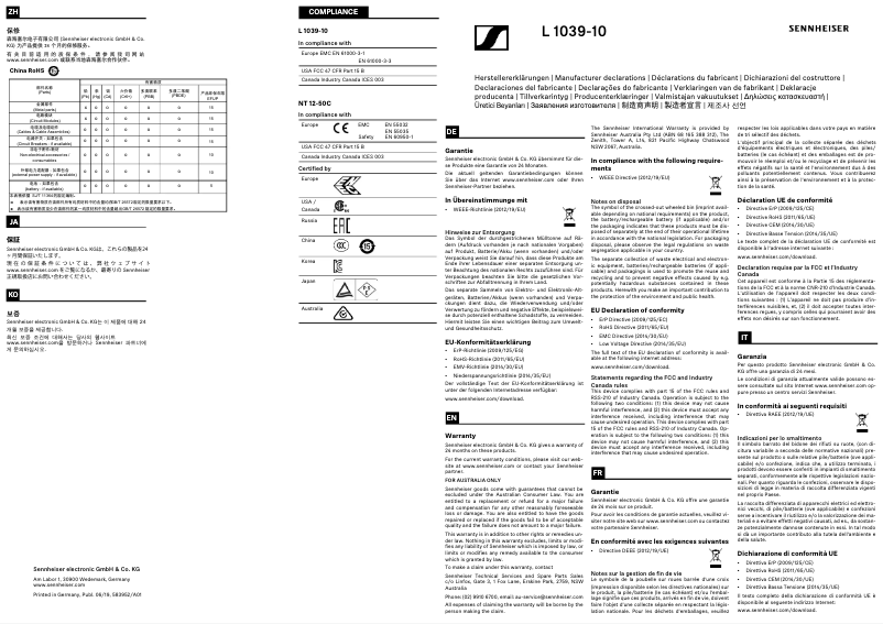 Page 1 de la notice Instructions de sécurité Sennheiser L 1039-10