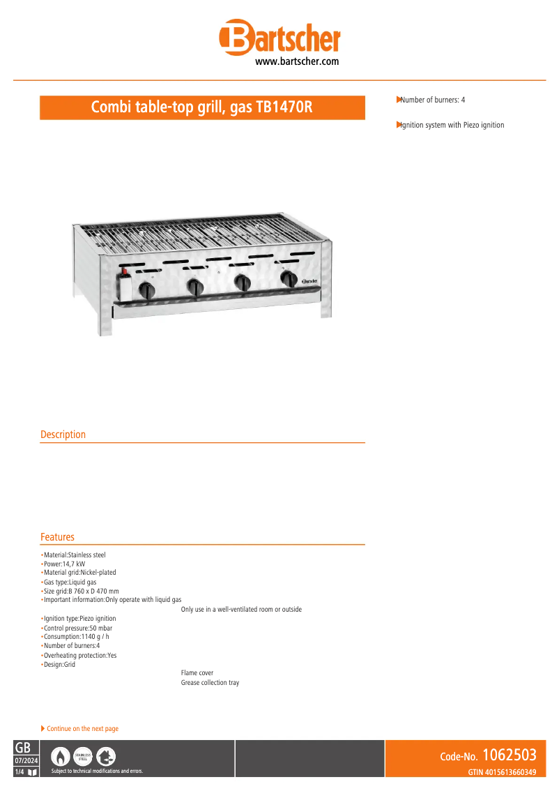 Page n°1 - Fiche technique Bartscher TB1470R