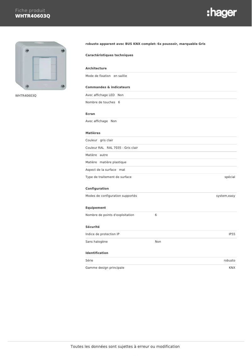 Page 1 de la notice Fiche technique Hager WHTR40603Q