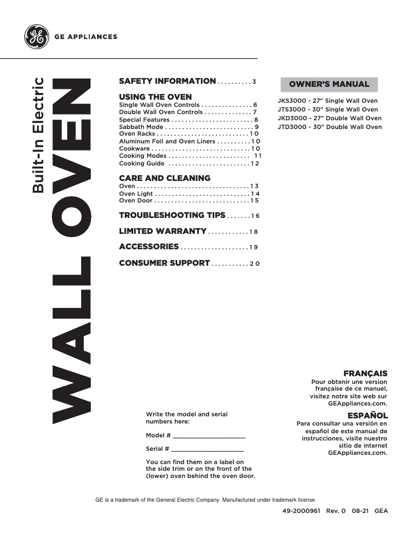 First page image of the manual for JTS3000DNWW