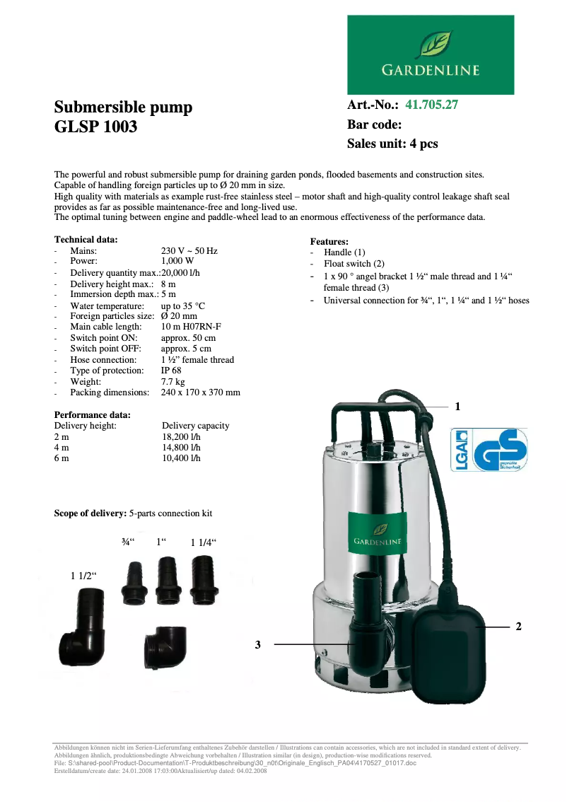 Página 1 del manual Ficha técnica Gardenline GLSP 1003