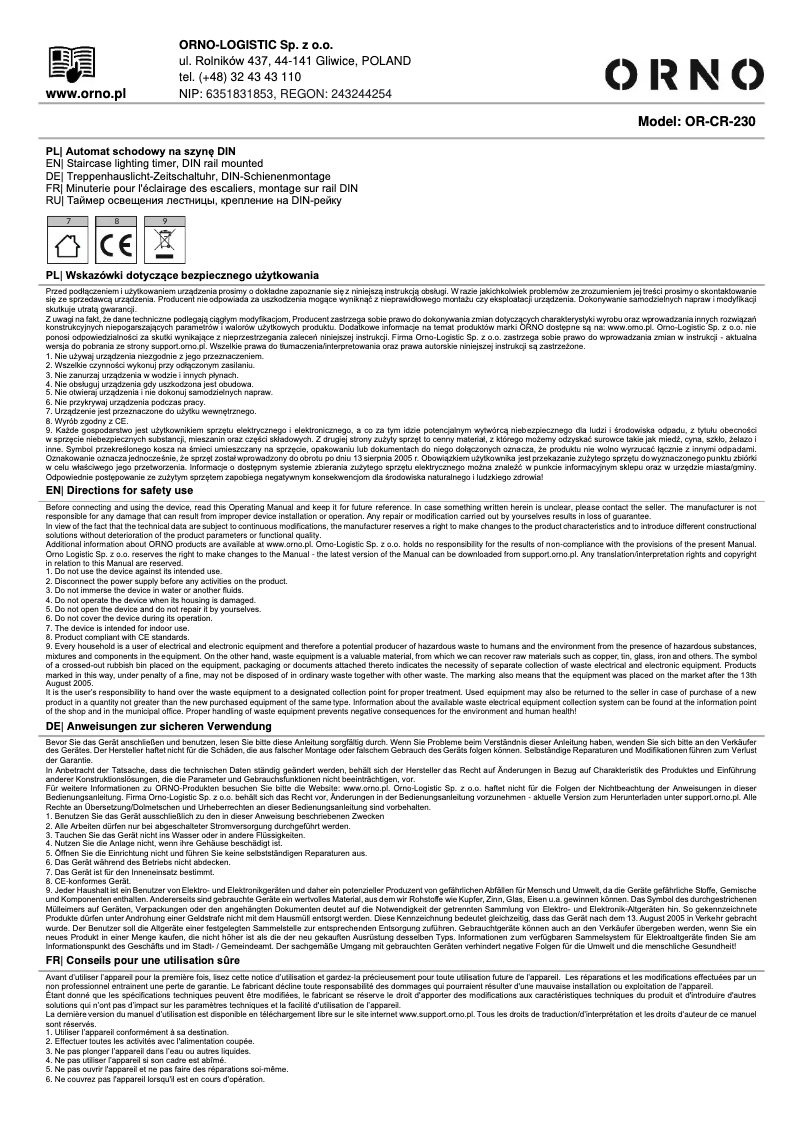 Page 1 de la notice Manuel utilisateur ORNO OR-CR-230