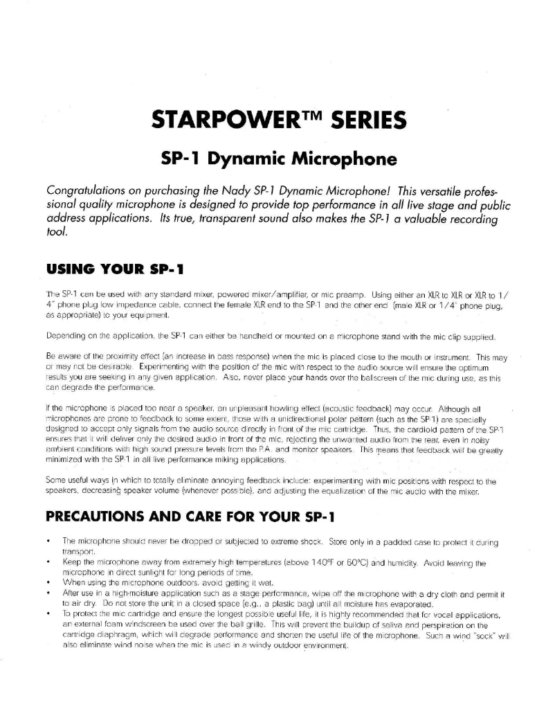 Page n°1 - Manuel utilisateur Nady Systems Starpower SP-1