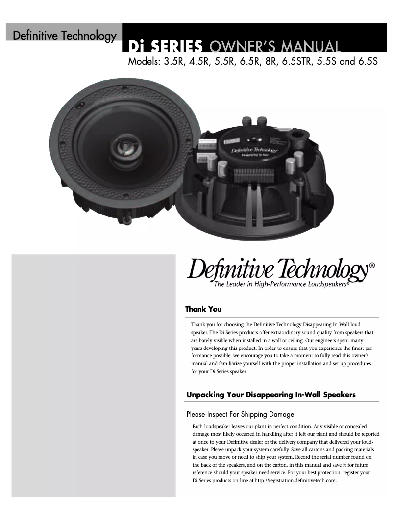Page 1 de la notice Manuel utilisateur Definitive Technology DI 6.5STR