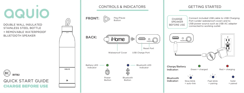 Page 1 de la notice Guide de démarrage rapide iHome AQUIO iBTB2
