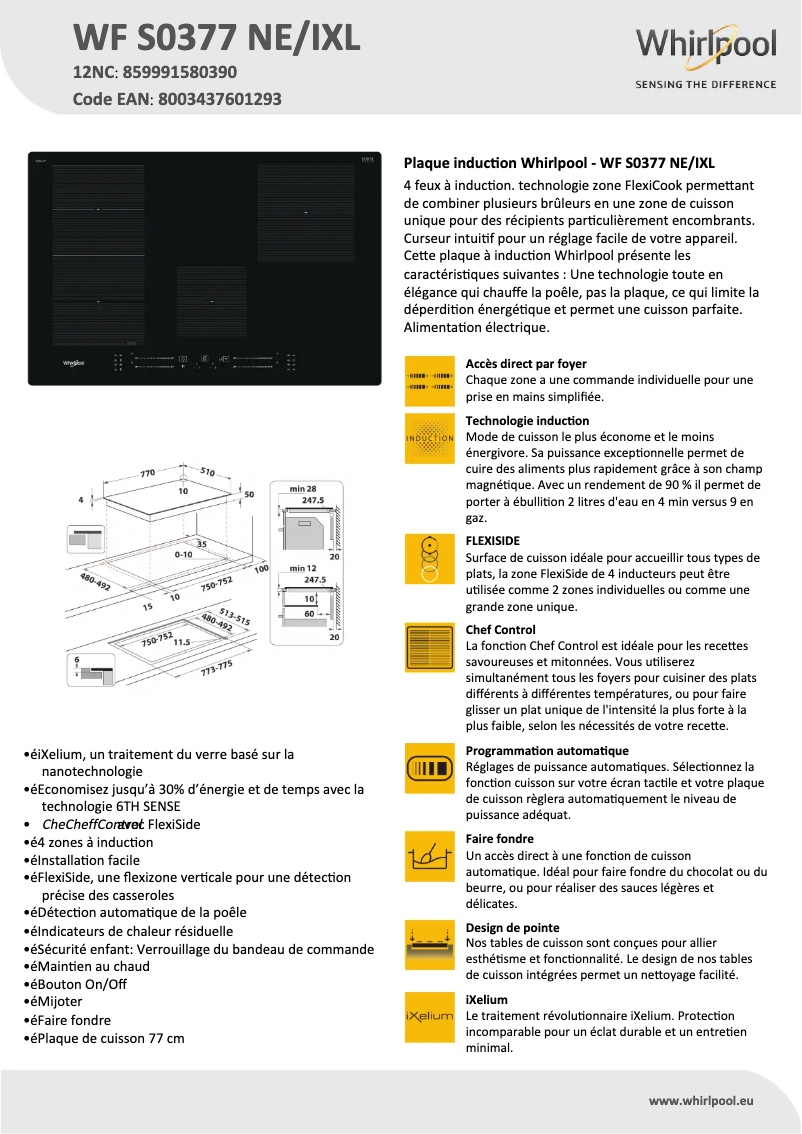 Page 1 de la notice Fiche technique Whirlpool WF S0377 NE/IXL