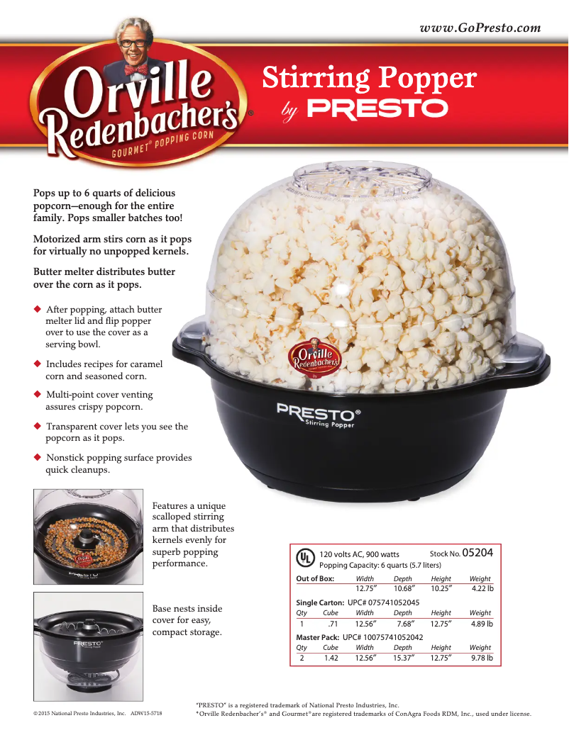 Page 1 de la notice Fiche technique Presto Electric Stirring Popper 05204