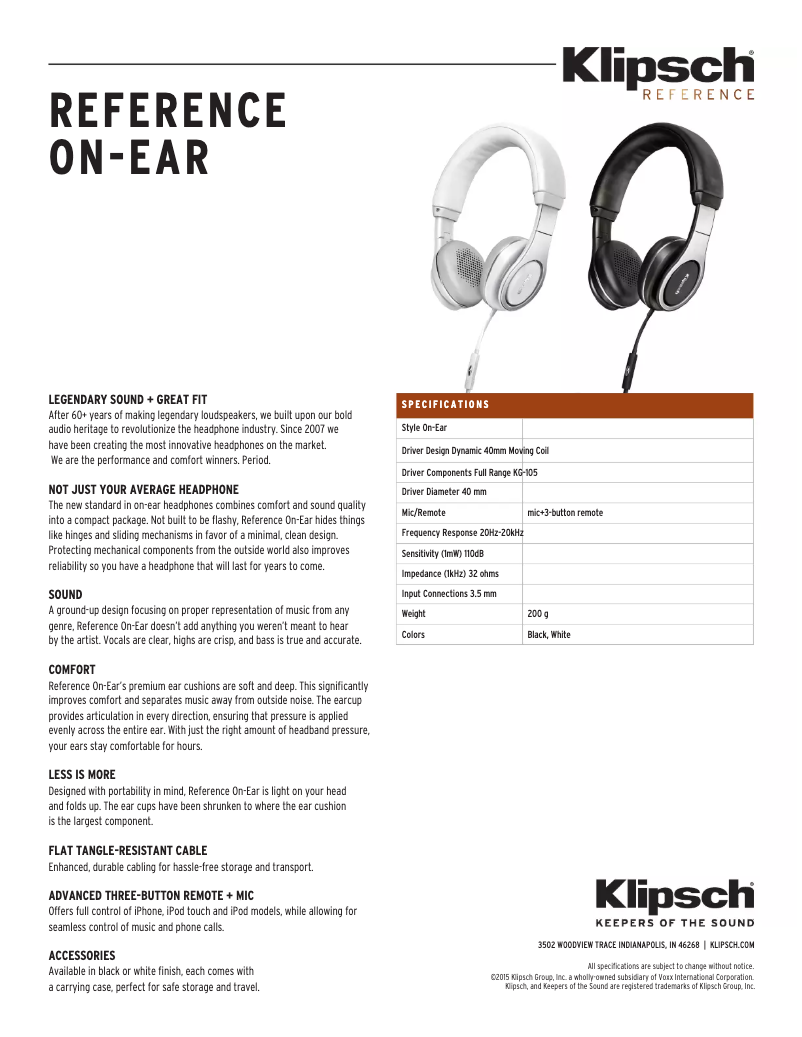 Página 1 del manual Ficha técnica Klipsch Reference On-Ear