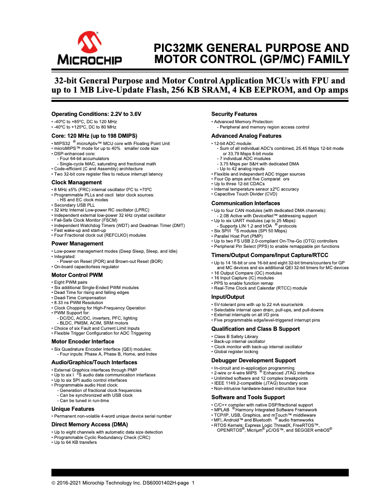 Page 1 de la notice Fiche technique Microchip PIC32MK1024MCF064