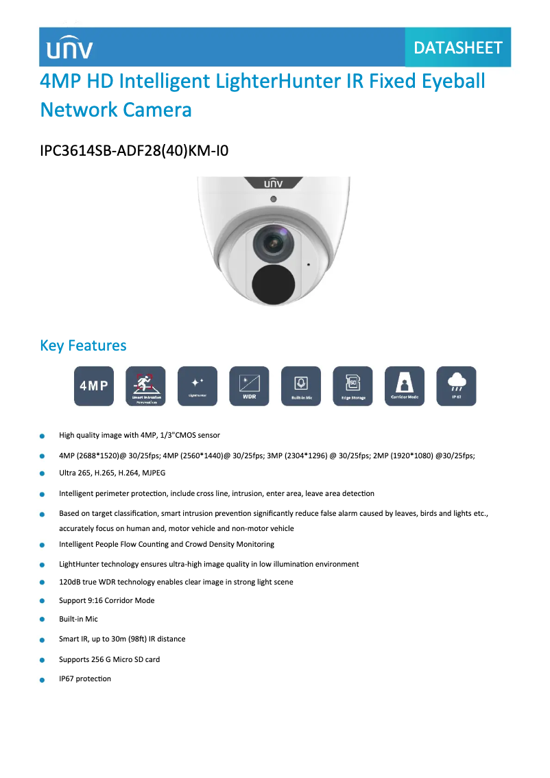 Page 1 de la notice Fiche technique UniView IPC3614SB-ADF28(40)KM-I0