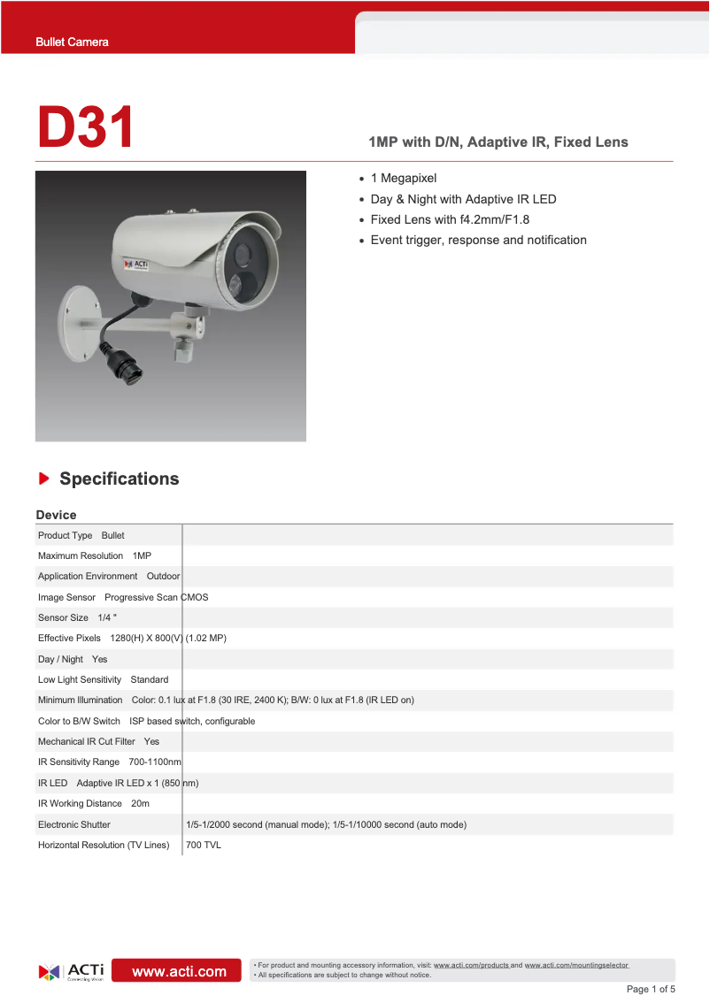 Page 1 de la notice Fiche technique ACTi D31