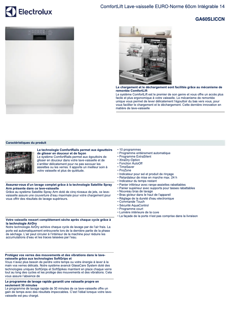 Page 1 de la notice Fiche technique Electrolux GA60SLICCN