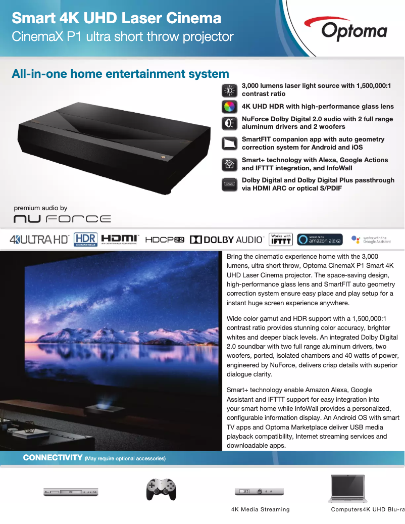 Page 1 de la notice Fiche technique Optoma CinemaX P1