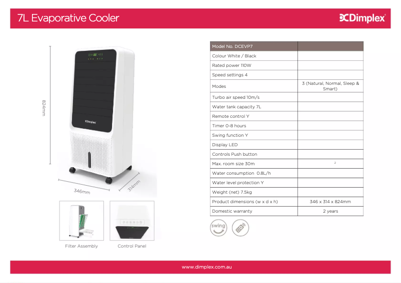 Page 1 de la notice Fiche technique Dimplex DCEVP7