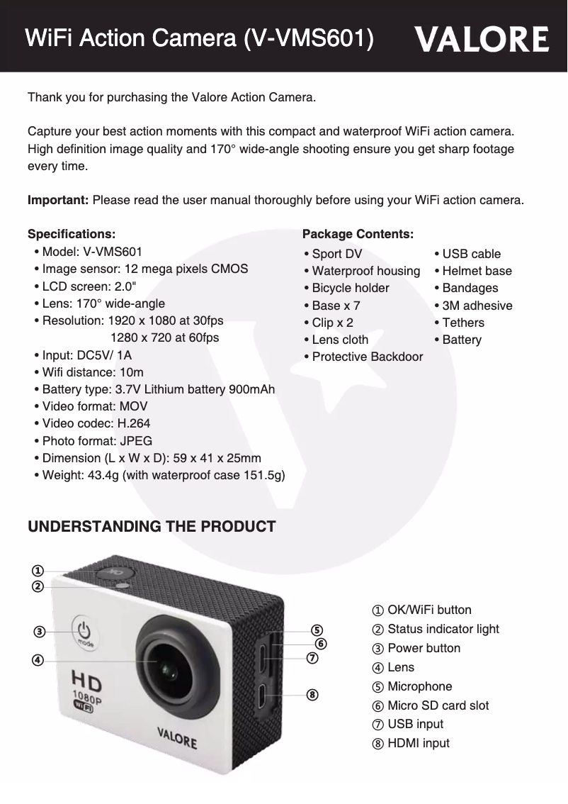 Page 1 de la notice Manuel utilisateur Valore V-VMS601