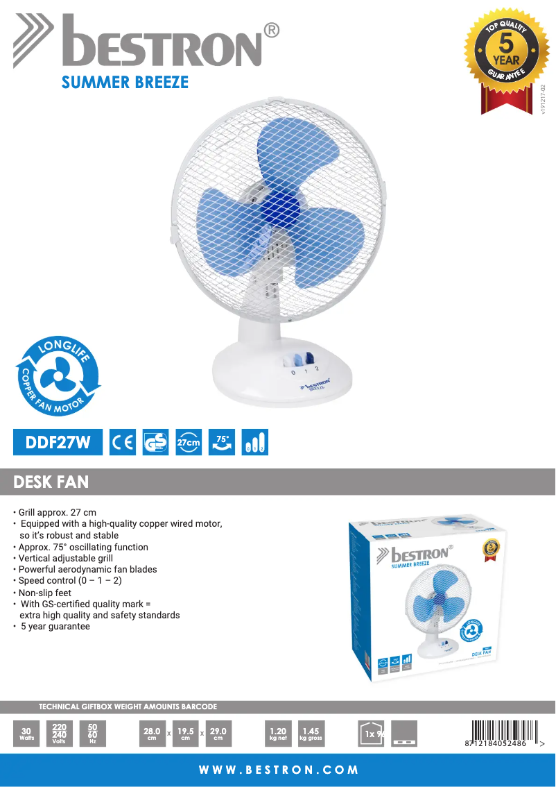 Page 1 de la notice Fiche technique Bestron DDF27W