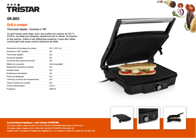 Page 1 de la notice Manuel utilisateur TriStar GR-2853