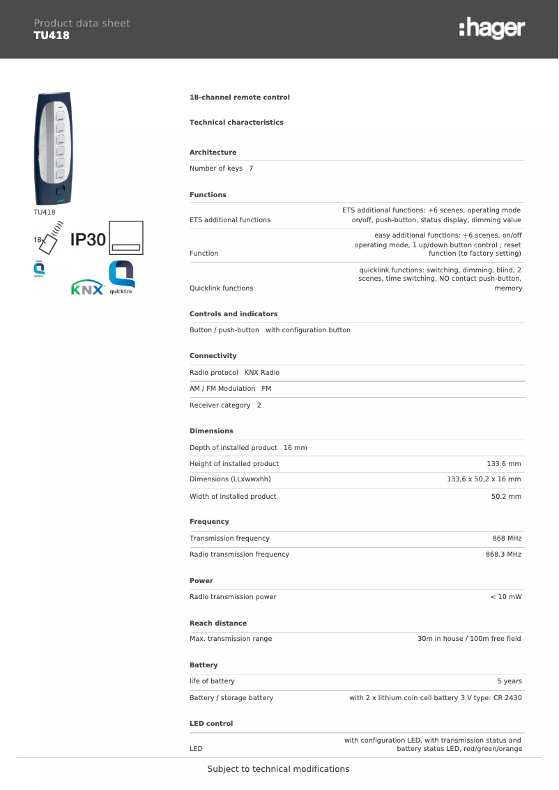 Page 1 de la notice Fiche technique Hager TU418