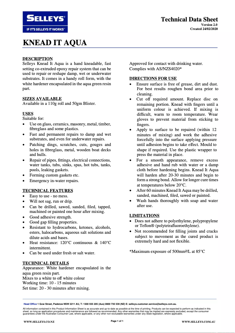 Página 1 del manual Manual de usuario Selleys Knead It Aqua