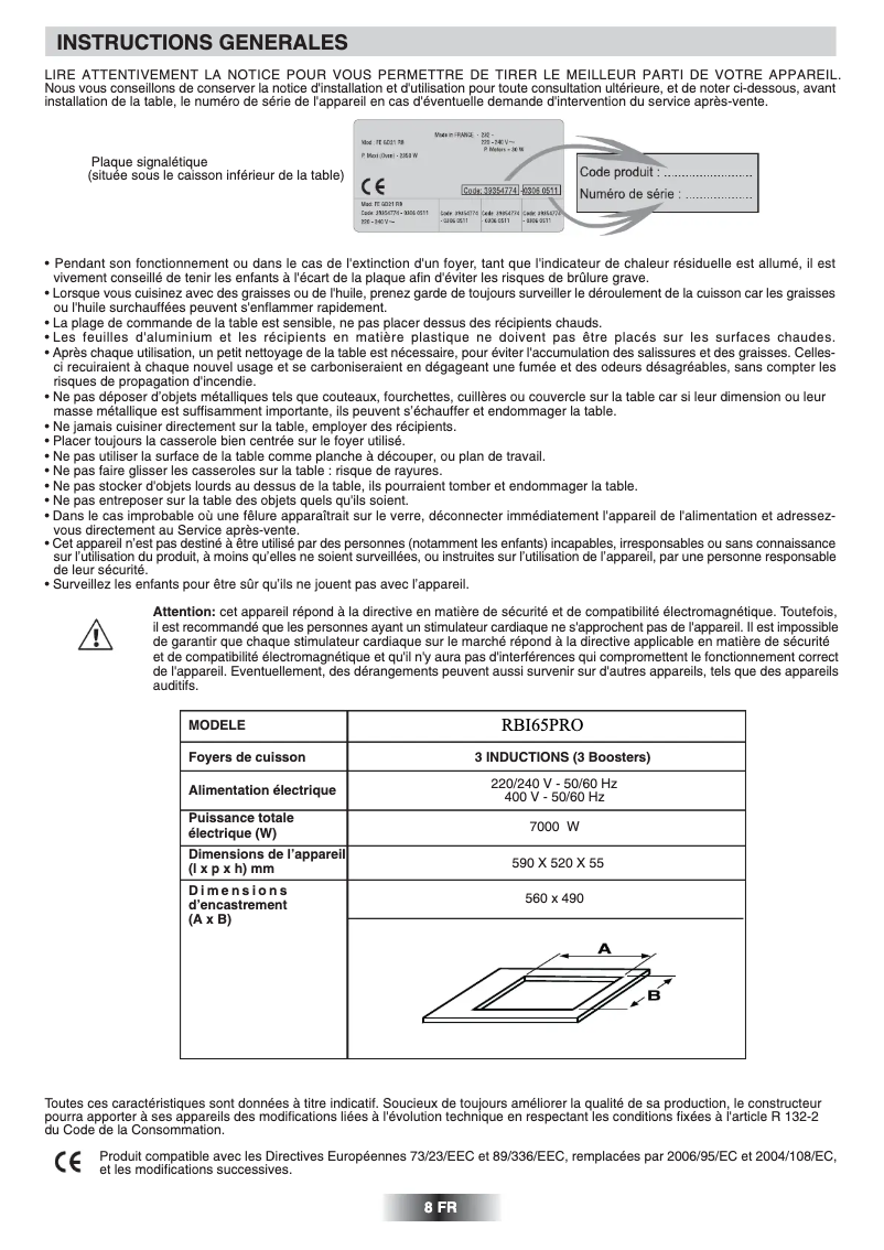 Page n°1 - Manuel utilisateur Rosieres RBI65PRO