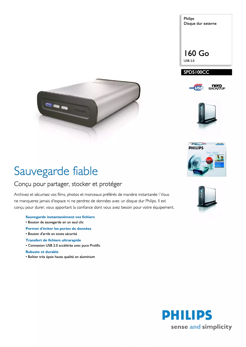 Page 1 de la notice Fiche technique Philips SPD5100