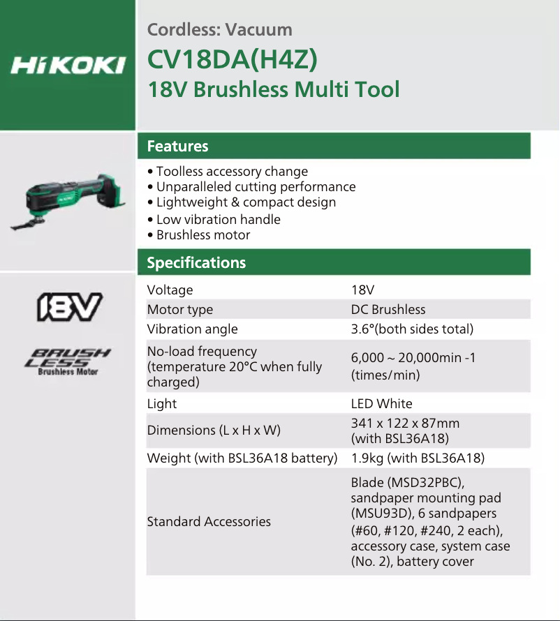 Page n°1 - Fiche technique HiKOKI CV 18DA