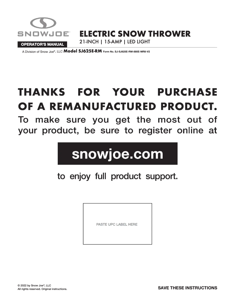 Page 1 de la notice Manuel utilisateur Snow Joe SJ625E-RM