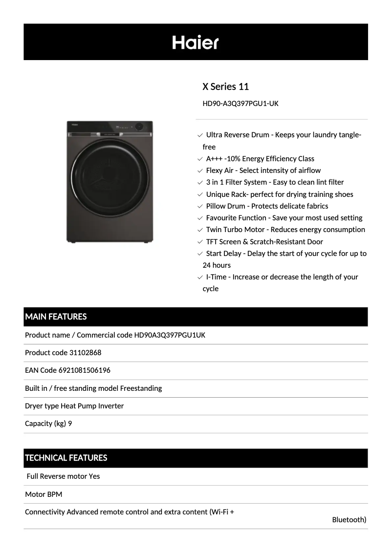 Page 1 de la notice Fiche technique Haier HD90-A3Q397PGU1