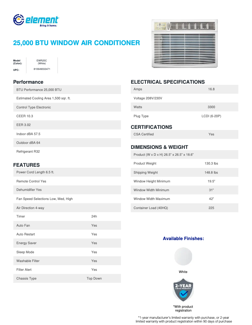 Page 1 de la notice Fiche technique Element EWR25C