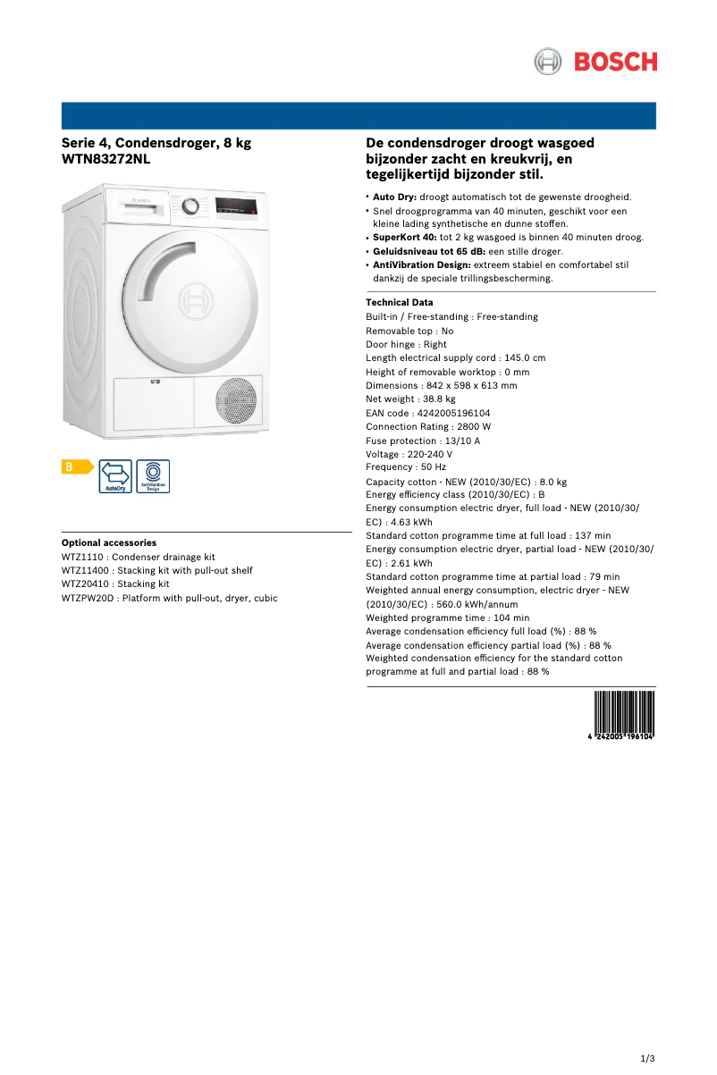 Página 1 del manual Ficha técnica Bosch Serie 4 WTN83272NL