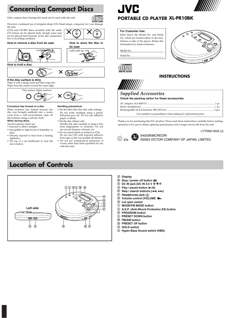 Page n°1 - Manuel utilisateur JVC XL-PR1