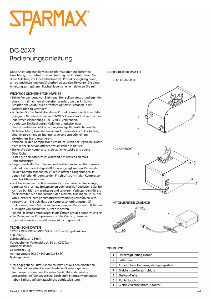 Page 1 de la notice Manuel utilisateur Sparmax DC-25XR