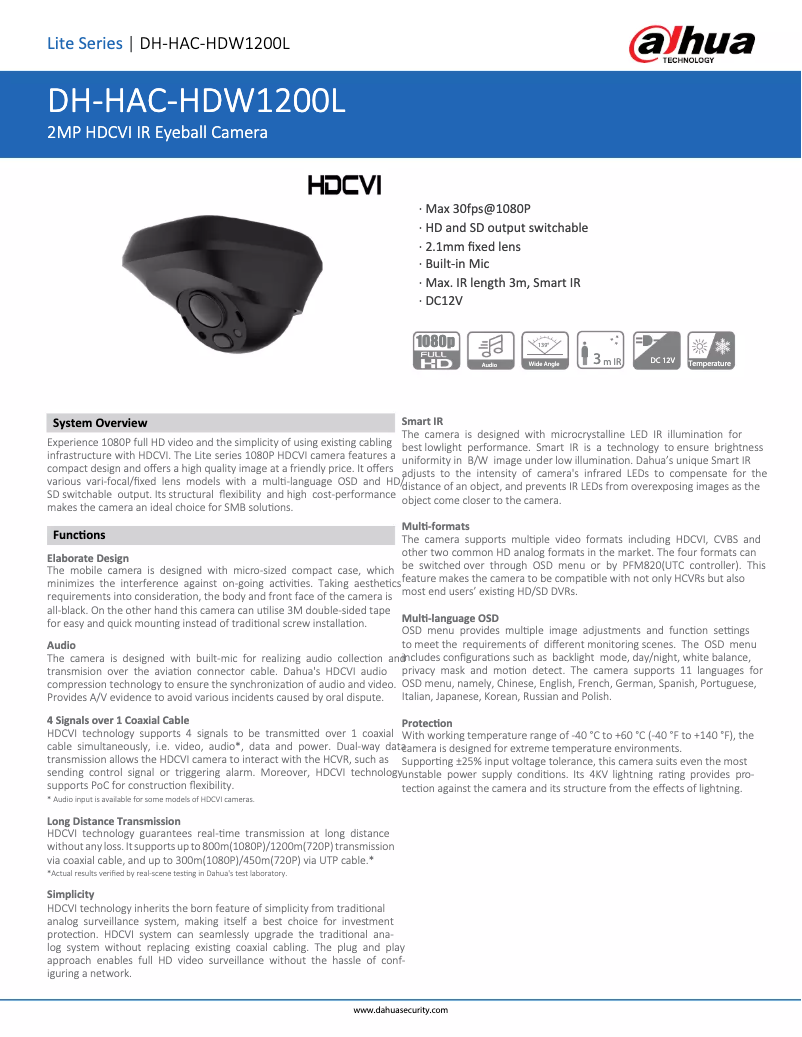 Page 1 de la notice Fiche technique Dahua Technology HAC-HDW1200L