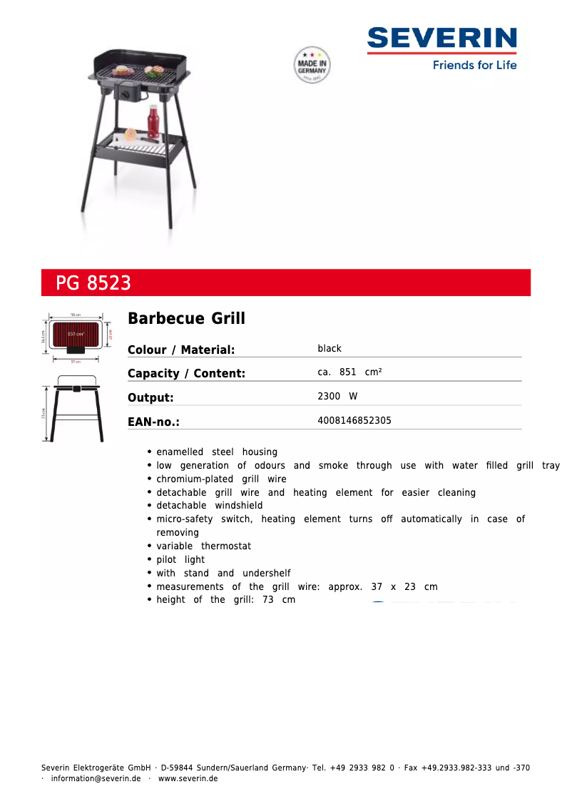 Page 1 de la notice Fiche technique Severin PG 8523