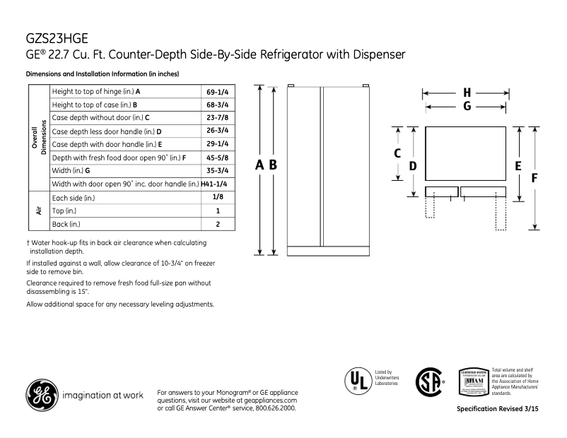 Página 1 del manual Ficha técnica GE GZS23HWW