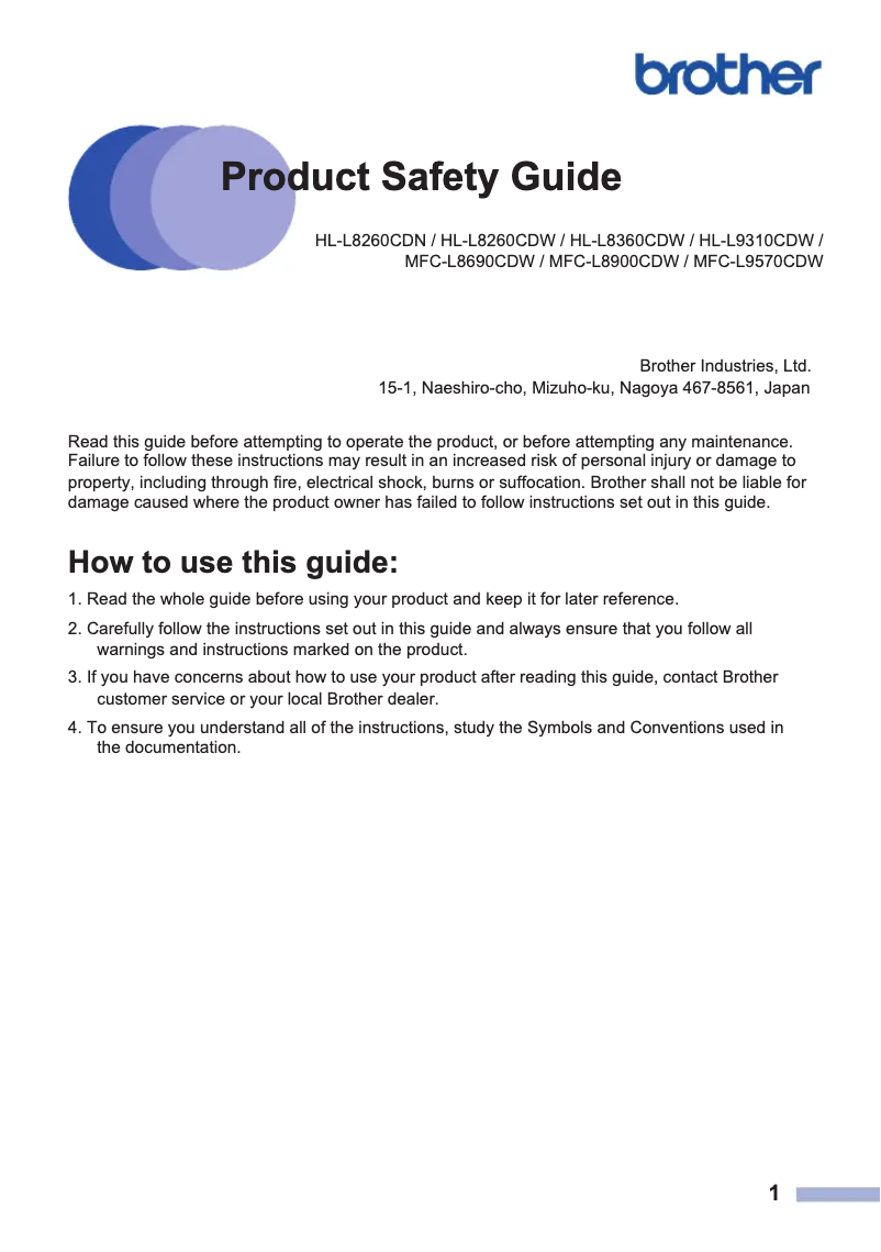 Page n°1 - Instructions de sécurité Brother MFC-L9570CDW