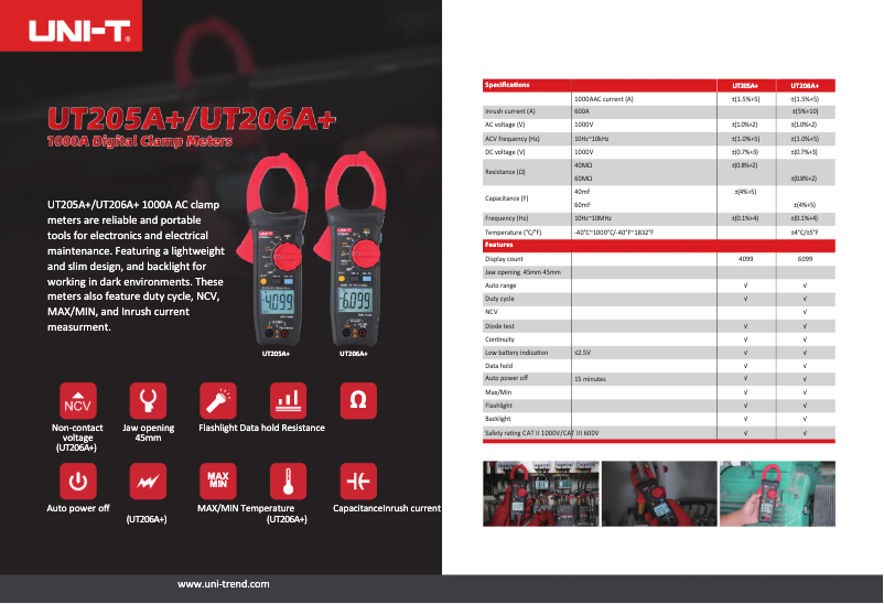 Page n°1 - Fiche technique Uni-T UT206A+