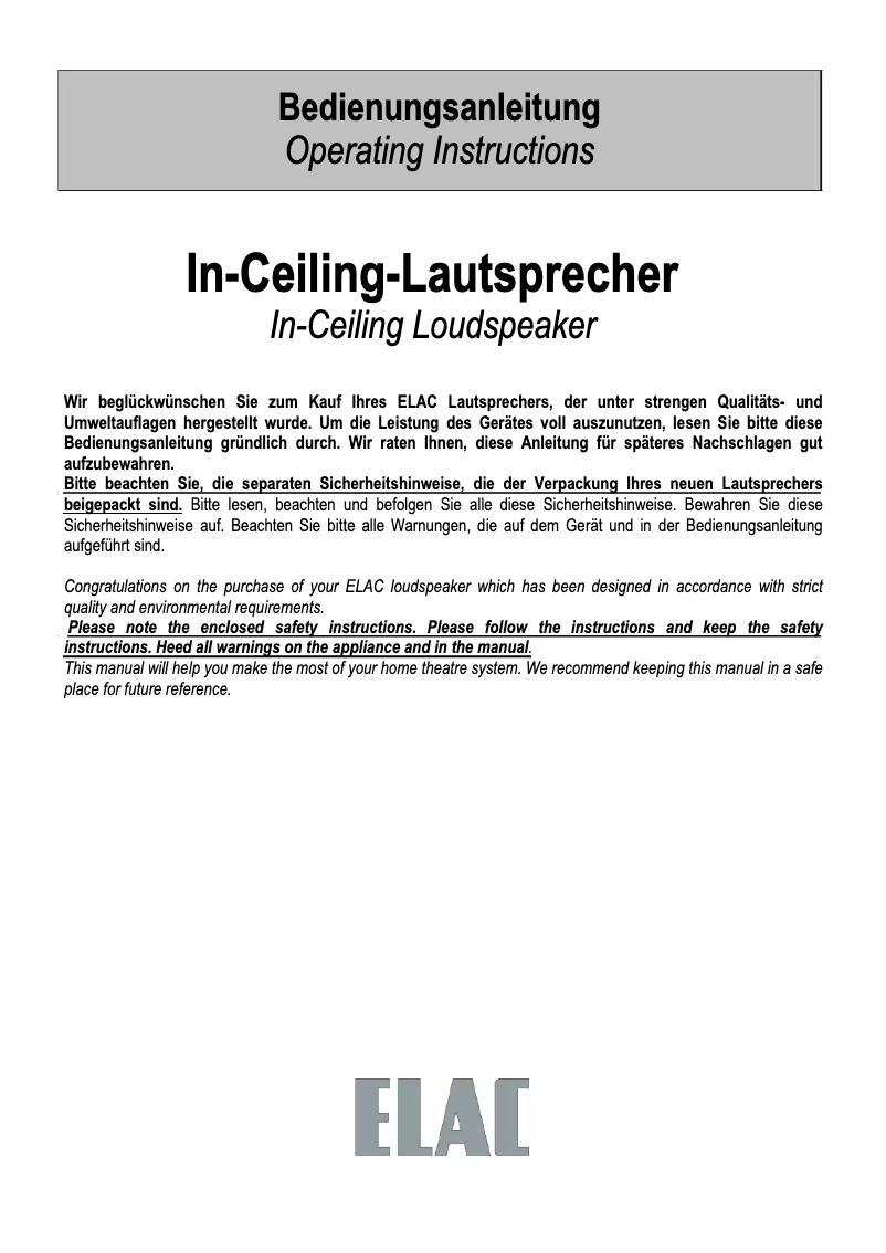 Page 1 de la notice Manuel utilisateur ELAC IC1010