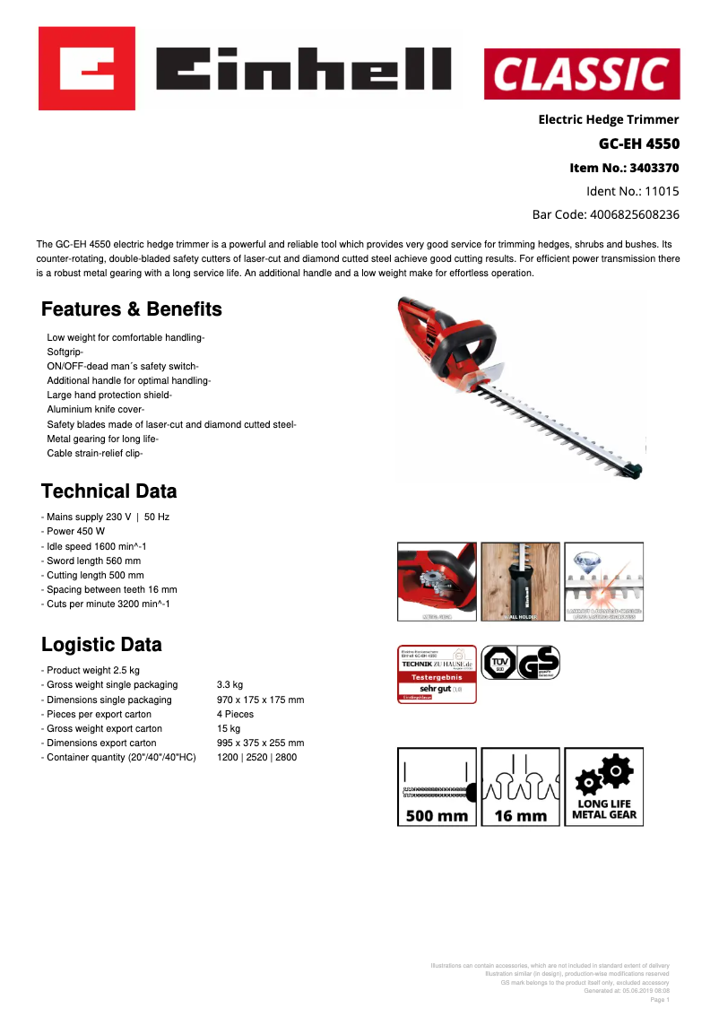 Page n°1 - Fiche technique Einhell GC-EH 4550