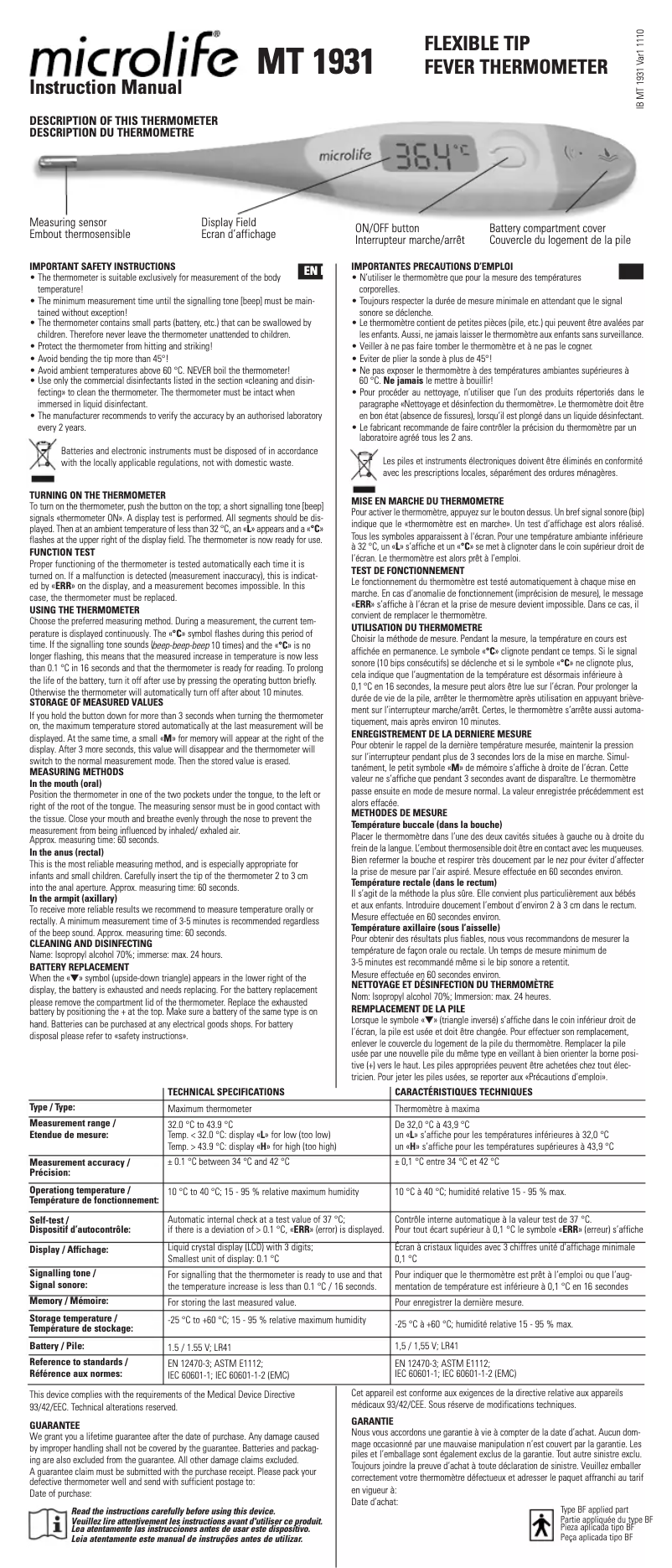 Page 1 de la notice Manuel utilisateur Microlife MT 1931